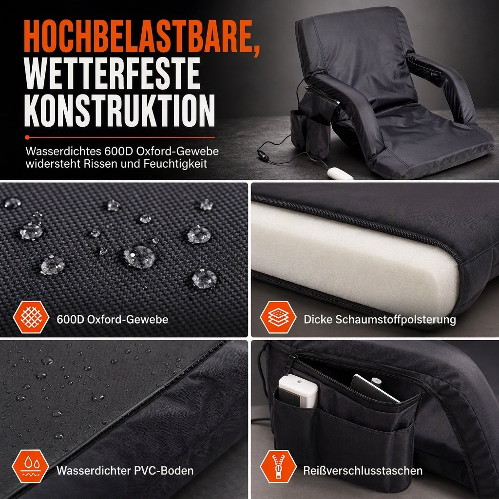 Tragbarer beheizbarer Stadion Sitz Klappbarer Tribünenstuhl mit Rucksackgurten Wasserdichtes, abriebfestes Kissen für Outdoor-Angeln und Sport