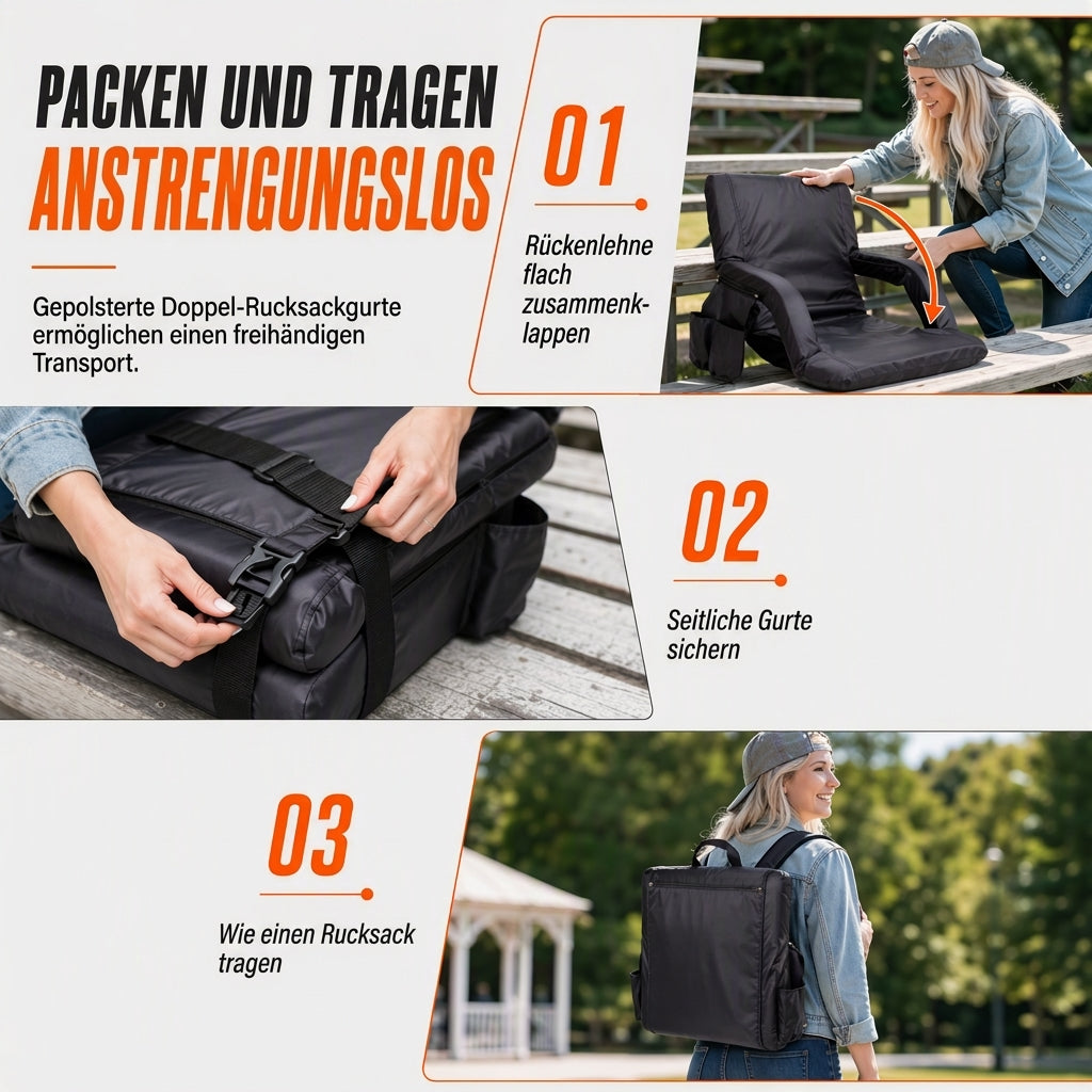 Tragbarer beheizbarer Stadion Sitz Klappbarer Tribünenstuhl mit Rucksackgurten Wasserdichtes, abriebfestes Kissen für Outdoor-Angeln und Sport