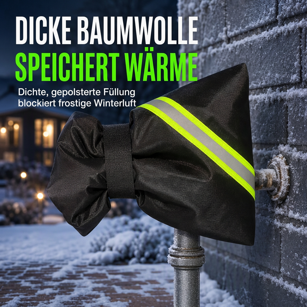 Winter Abdeckung für Außenwasserhähne zum Frostschutz – isolierte Wasserhahnabdeckung mit abgeschrägter Kante und leuchtgrünem Reflexionsstreifen