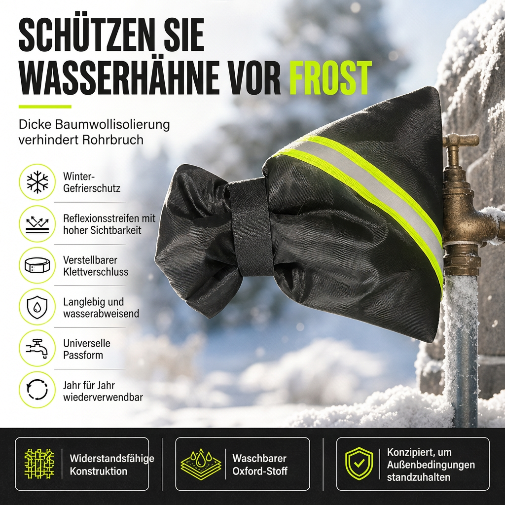 Winter Abdeckung für Außenwasserhähne zum Frostschutz – isolierte Wasserhahnabdeckung mit abgeschrägter Kante und leuchtgrünem Reflexionsstreifen