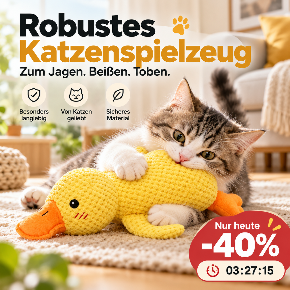 🦆 40% Rabatt! Quakende Plüsch-Ente für Katzen – weiches Kuschelspielzeug mit interaktivem Spielreiz – ideal für Spiel, Schmusen und Beschäftigung 🐱✨