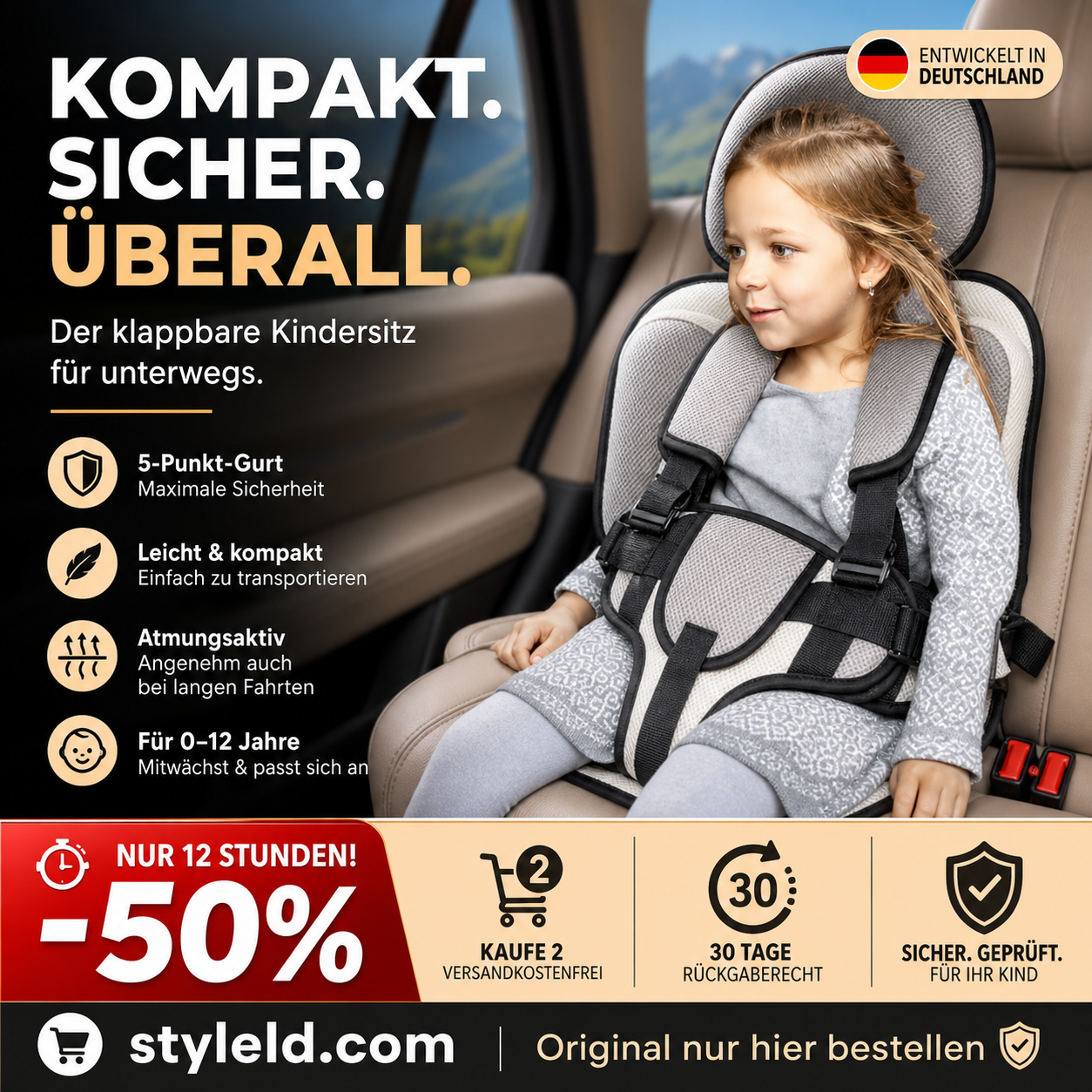 🔥 50 % Rabatt ! Kindersitz fürs Auto – Faltbar, sicher, überall dabei! 🧒 5-Punkt-Gurt, atmungsaktiv, für 0–12 Jahre ⚡ Limitiertes Angebot ⏳